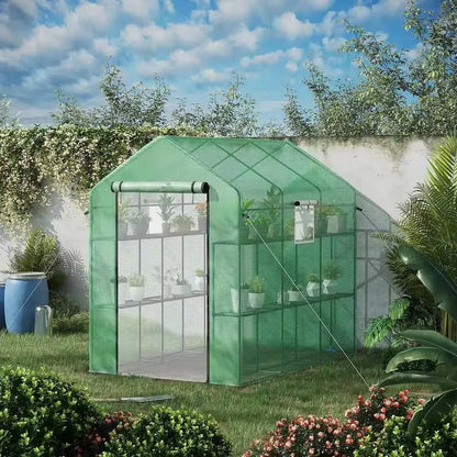 7 ft x 4.7 ft Oudoor Greenhouse with Steel Frame and Green PE Cover - Greenhouse