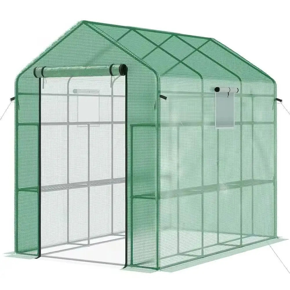 7 ft x 4.7 ft Oudoor Greenhouse with Steel Frame and Green PE Cover - Greenhouse