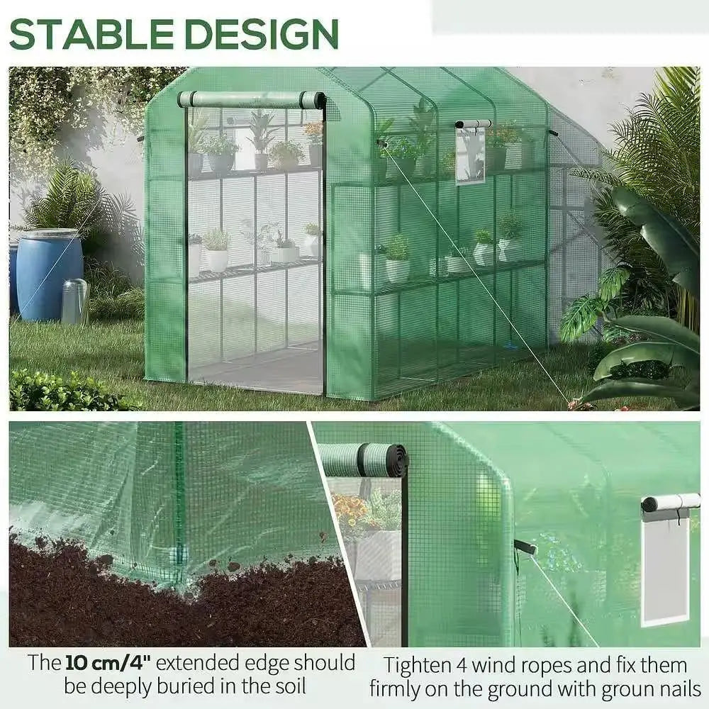 7 ft x 4.7 ft Oudoor Greenhouse with Steel Frame and Green PE Cover - Greenhouse