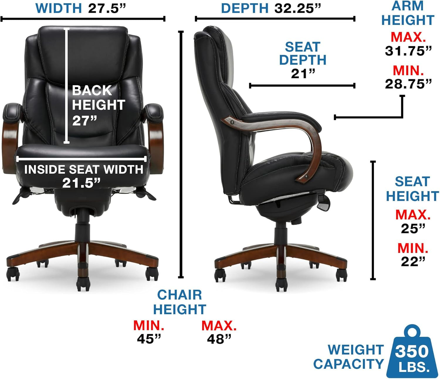 Delano Big & Tall Executive Office Chair, High Back Ergonomic Lumbar Support, Bonded Leather, Black with Mahogany Wood Finish-2