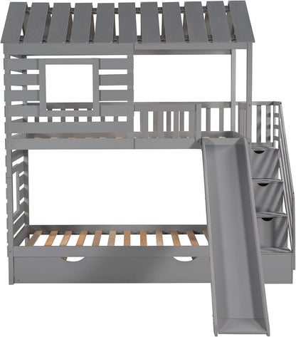 Twin over Twin House Bunk Bed, Wooden Bed Frame with Trundle and Slide, Storage Staircase, Roof and Window Design, Gray-4