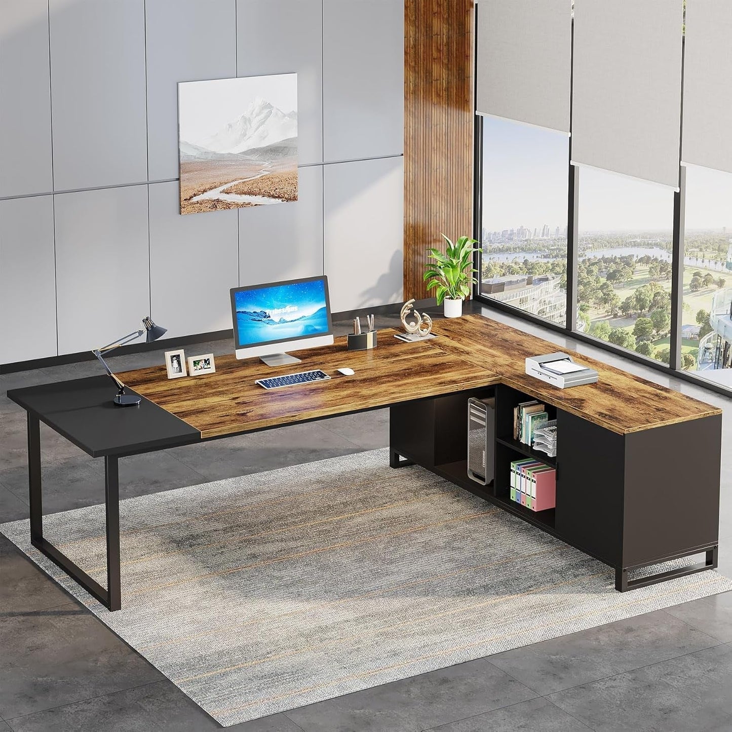 70.8" Executive Desk with 55" File Cabinet, Modern L Shaped Computer Desk with Storage Shelves and Cabinet, Large L Shaped Executive Desk for Home Office, Rustic Brown & Black-0