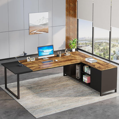 70.8" Executive Desk with 55" File Cabinet, Modern L Shaped Computer Desk with Storage Shelves and Cabinet, Large L Shaped Executive Desk for Home Office, Rustic Brown & Black-0