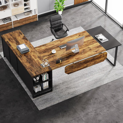 70.8" Executive Desk with 55" File Cabinet, Modern L Shaped Computer Desk with Storage Shelves and Cabinet, Large L Shaped Executive Desk for Home Office, Rustic Brown & Black-3