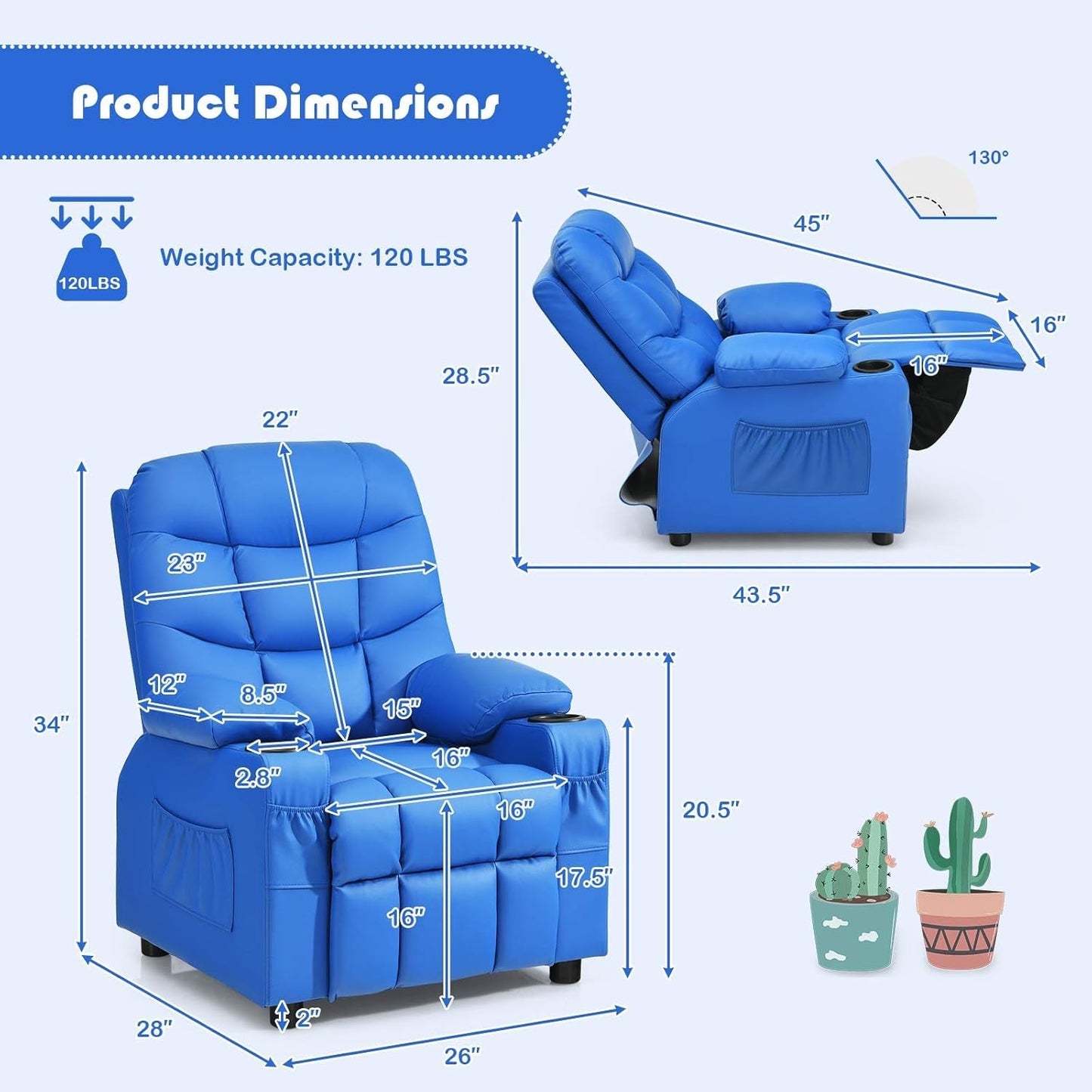 Kids Recliner Chair with Cup Holder, Adjustable Leather Lounge Chair W/Footrest & Side Pockets for Children Boys Girls Room, Ergonomic Toddler Furniture Sofa, Kids Recliner (Blue)-3
