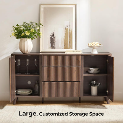 62 Inch Walnut Sideboard Buffet With Adjustable Shelves-2