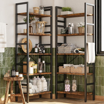 Rustic Brown Triple 5 Tier Wooden Bookcase With Metal Frame-3