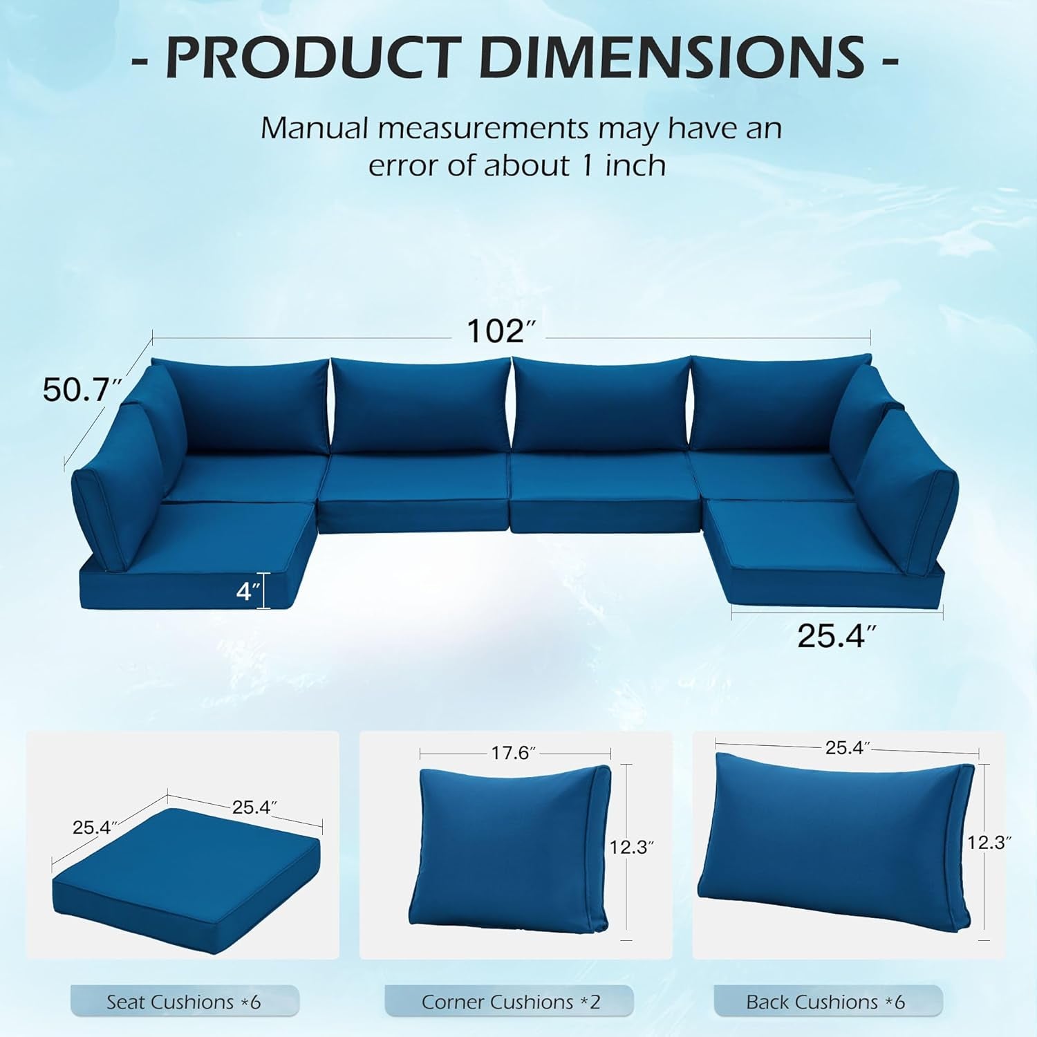 Outdoor Replacement Cushions for Patio Furniture,Water-Repellent Sofa Cushions for 6-Seat Rattan Wicker Sectional Patio Conversation Sets,14-Piece Cushions Set for Outdoor Couch-Blue-2