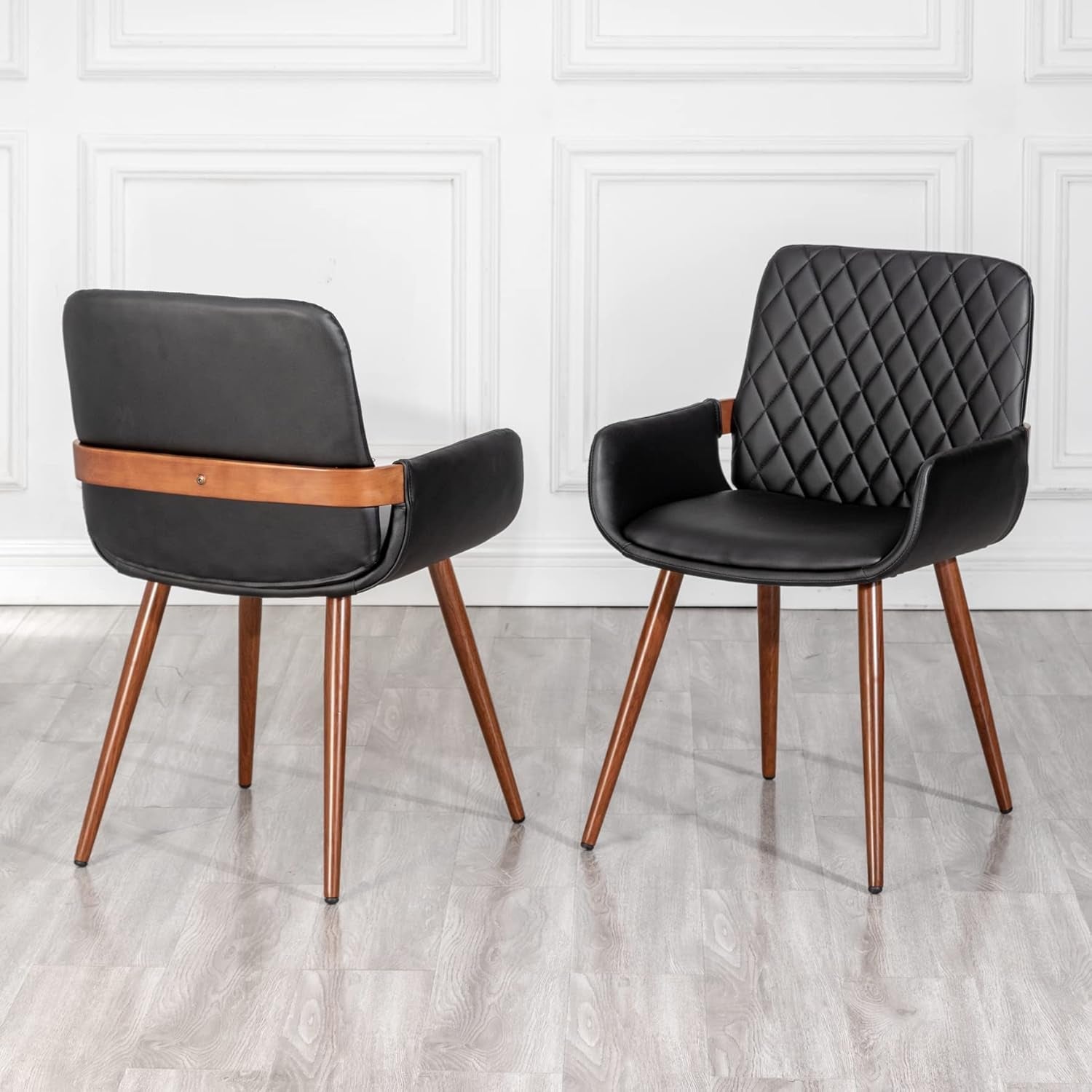 Mid Century Modern Faux Leather Dining Chairs Set of 2, Black, Upholstered Seat, Metal Legs, Adjustable Foot for Kitchen Dining Room Desk Chairs-0