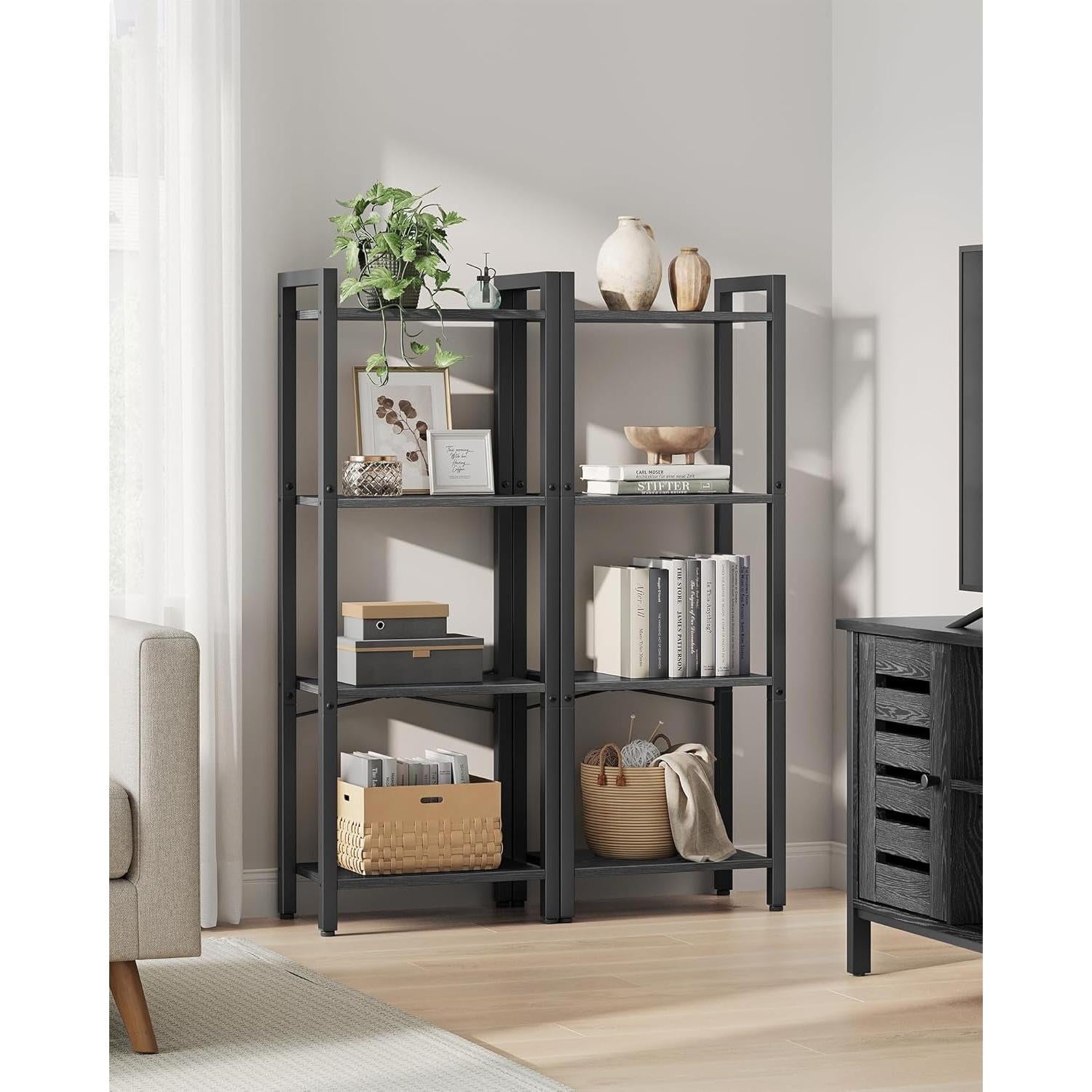 4-Tier Tall Bookshelf, Bookcase with Steel Frame, Book Shelf for Living Room, Home Office, Study, 9.4 X 15.7 X 42.1 Inches, Industrial Style, Ebony Black and Black ULLS099B56-3