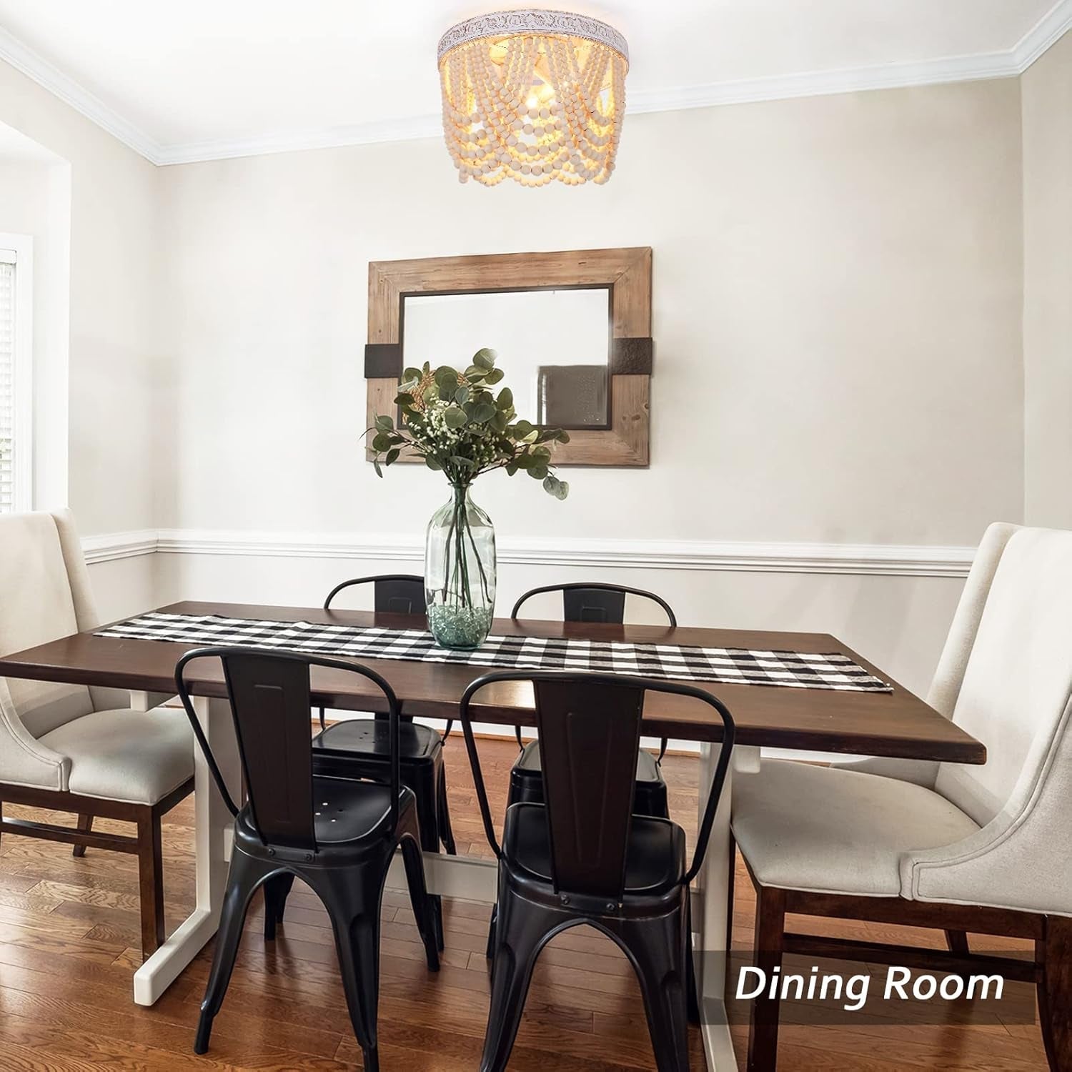 Bohemia Wood Beaded Flush Mount Ceiling Light Antique Boho Mini Chandelier Farmhouse Light Fixture for Bedroom Nursery Room Hallway Entryway Foyer,3-Light-0