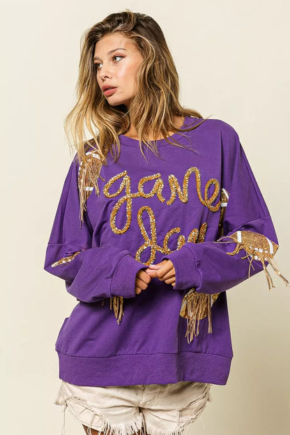 BiBi Sequin Football Patches Game Day Sweatshirt
