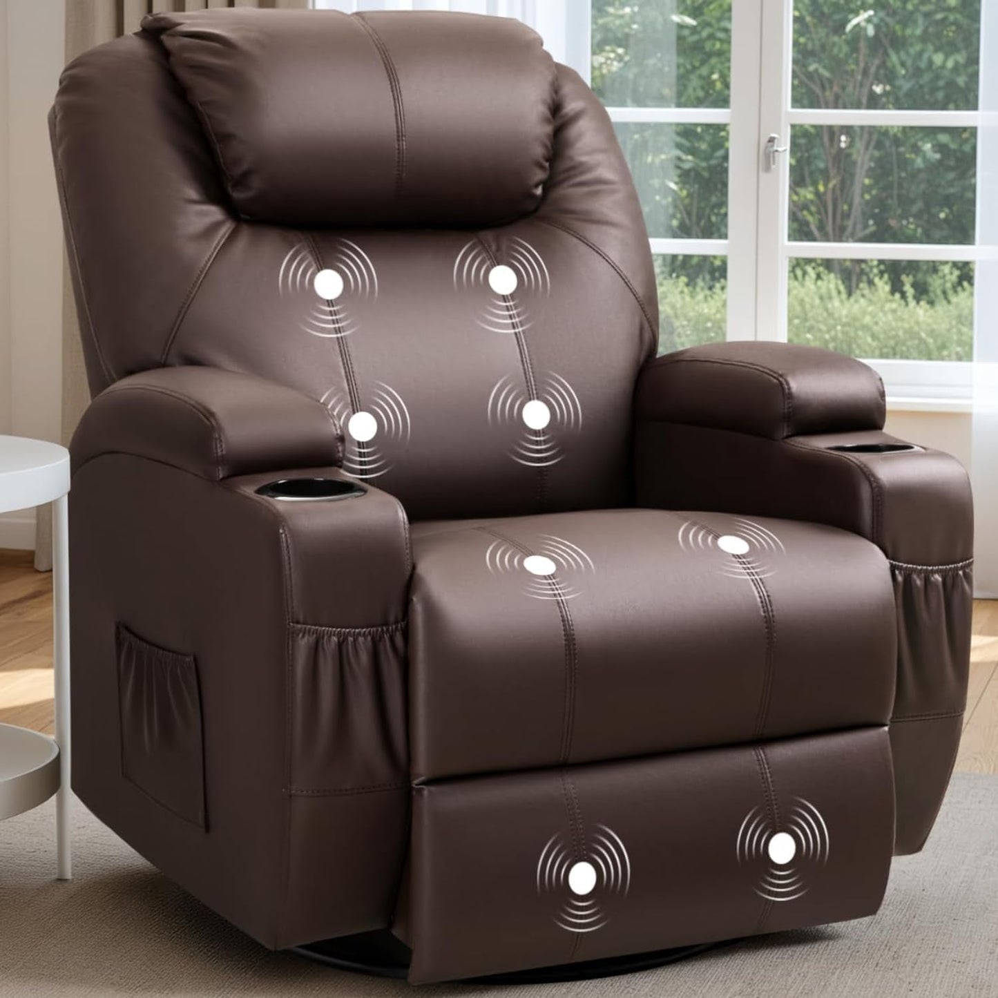 Recliner Chair, 360° Swivel Rocker Chair for Adults, Rocking Recliner Chair with Massage, Comfy Single Sofa with Side Pockets Cup Holders for Living Room, Bedroom, Nursery (Leather, Dark Brown)-0