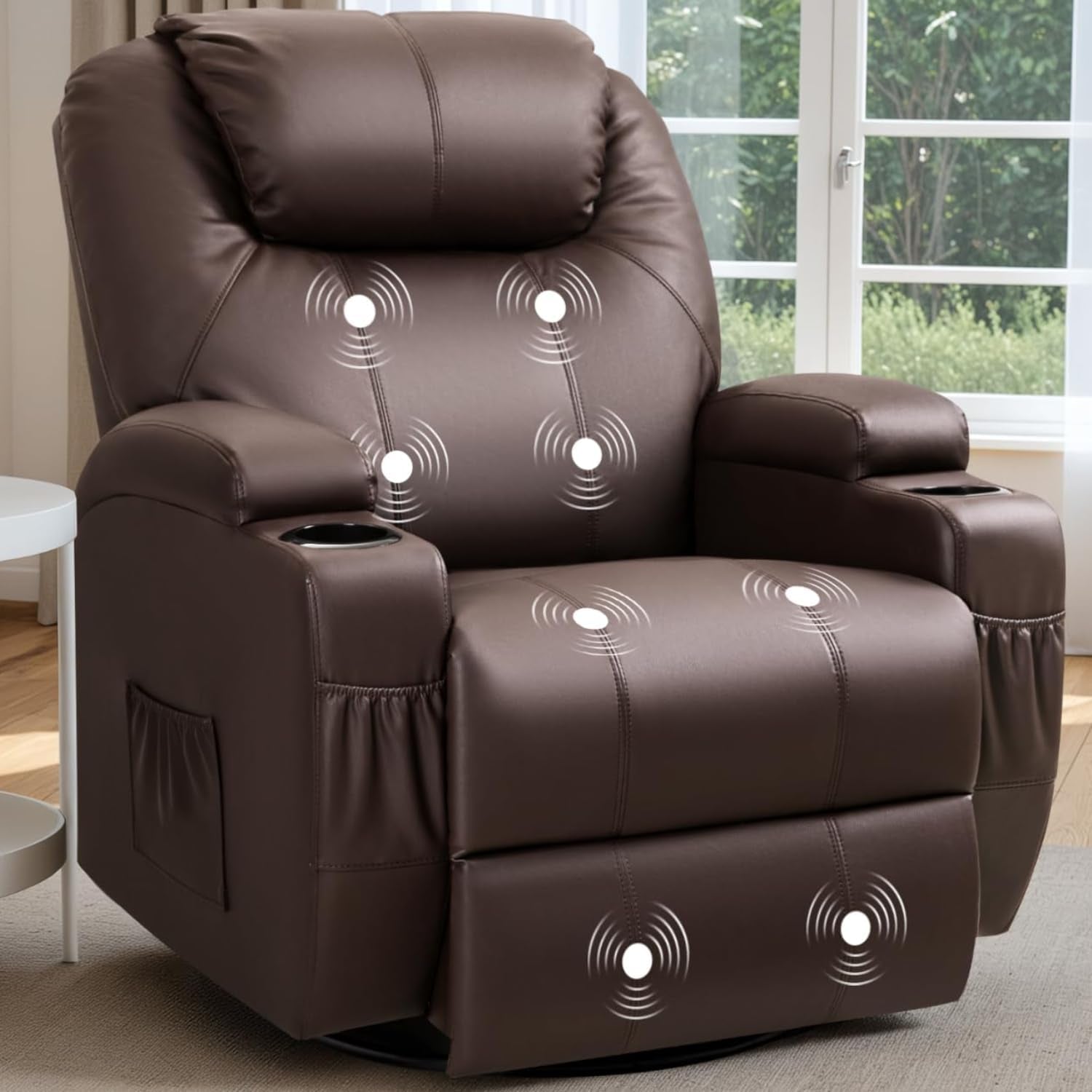 Recliner Chair, 360° Swivel Rocker Chair for Adults, Rocking Recliner Chair with Massage, Comfy Single Sofa with Side Pockets Cup Holders for Living Room, Bedroom, Nursery (Leather, Dark Brown)-0
