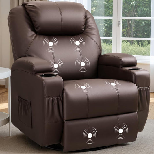 Recliner Chair, 360° Swivel Rocker Chair for Adults, Rocking Recliner Chair with Massage, Comfy Single Sofa with Side Pockets Cup Holders for Living Room, Bedroom, Nursery (Leather, Dark Brown)-0