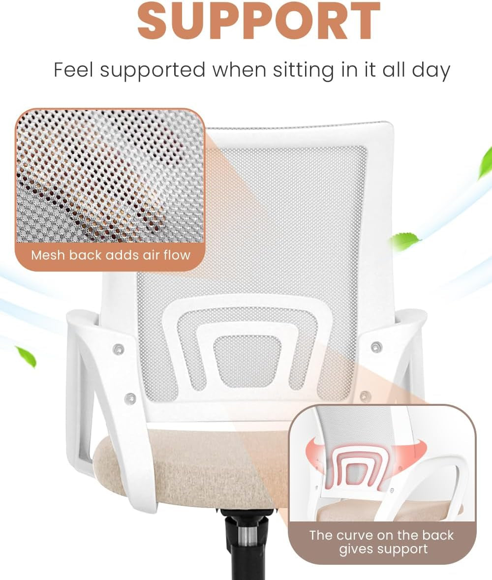 Office Chair Computer Desk Chair Gaming Ergonomic Mid Back Cushion Lumbar Support with Comfy Mesh Adjustable Swivel Rolling Home (Beige)-3