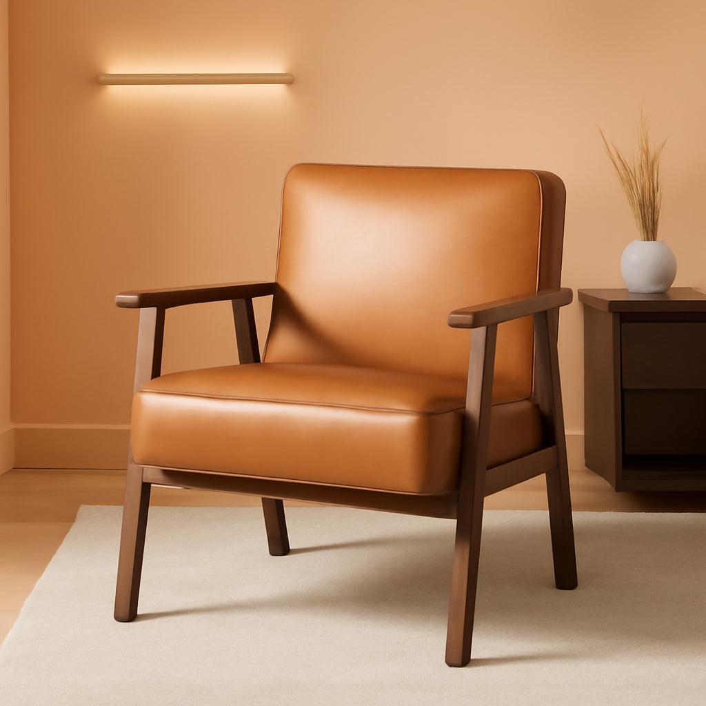 Brown PU Leather Upholstered Chair With SolidWoodLegs-0