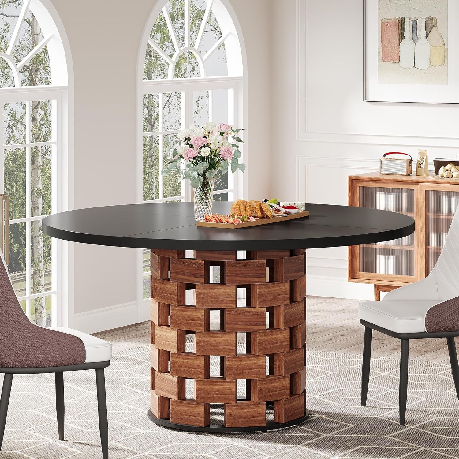 Round 47 Inch Dining Table Farmhouse Wood Base Black-4