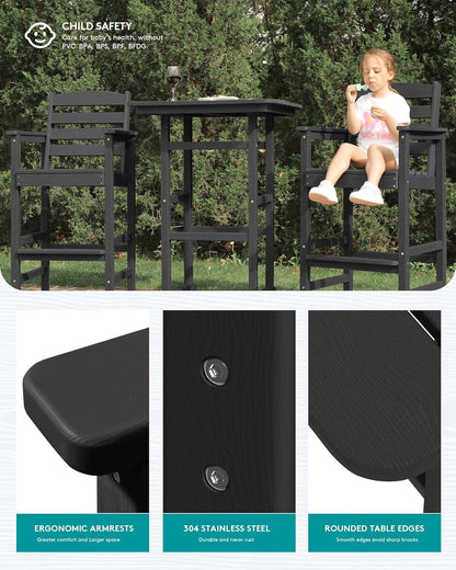 Balcony Adirondack Chairs and Table 3 Pieces Set, Adirondack Bar Height Chairs Set of 2 and Bar Table, Outdoor Bar Stools Set for Bistro, Poolside, Backyard, Black-4