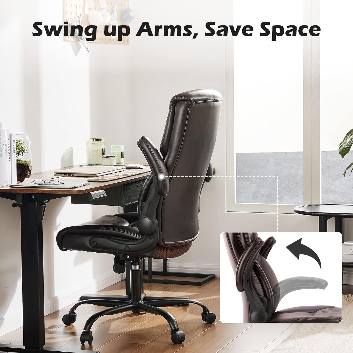 Office Chair - Ergonomic Executive Computer Desk Chairs with Adjustable Flip-Up Armrest, Swivel Task Chair with Lumbar Support, Strong Metal Base, PU Leather, Brown-4