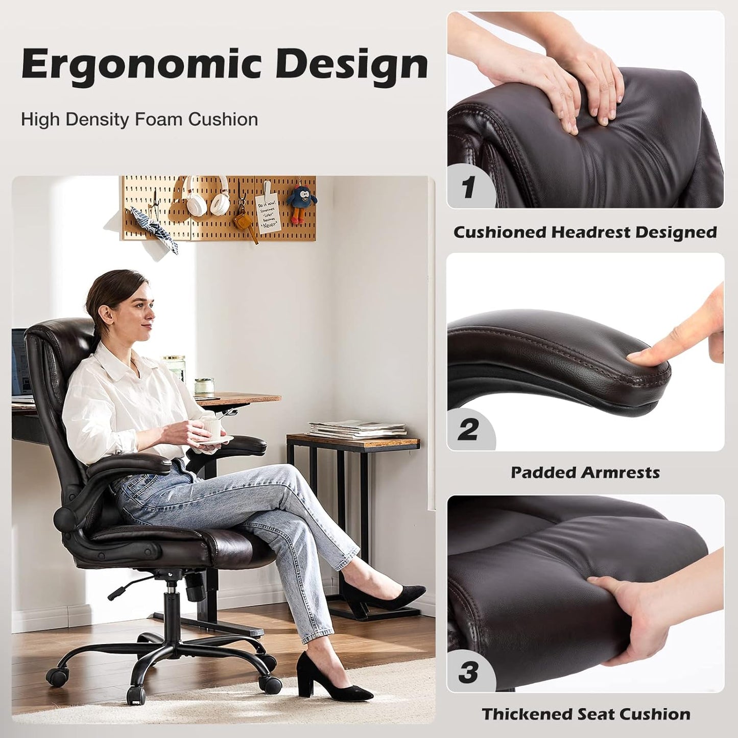 Office Chair - Ergonomic Executive Computer Desk Chairs with Adjustable Flip-Up Armrest, Swivel Task Chair with Lumbar Support, Strong Metal Base, PU Leather, Brown-3