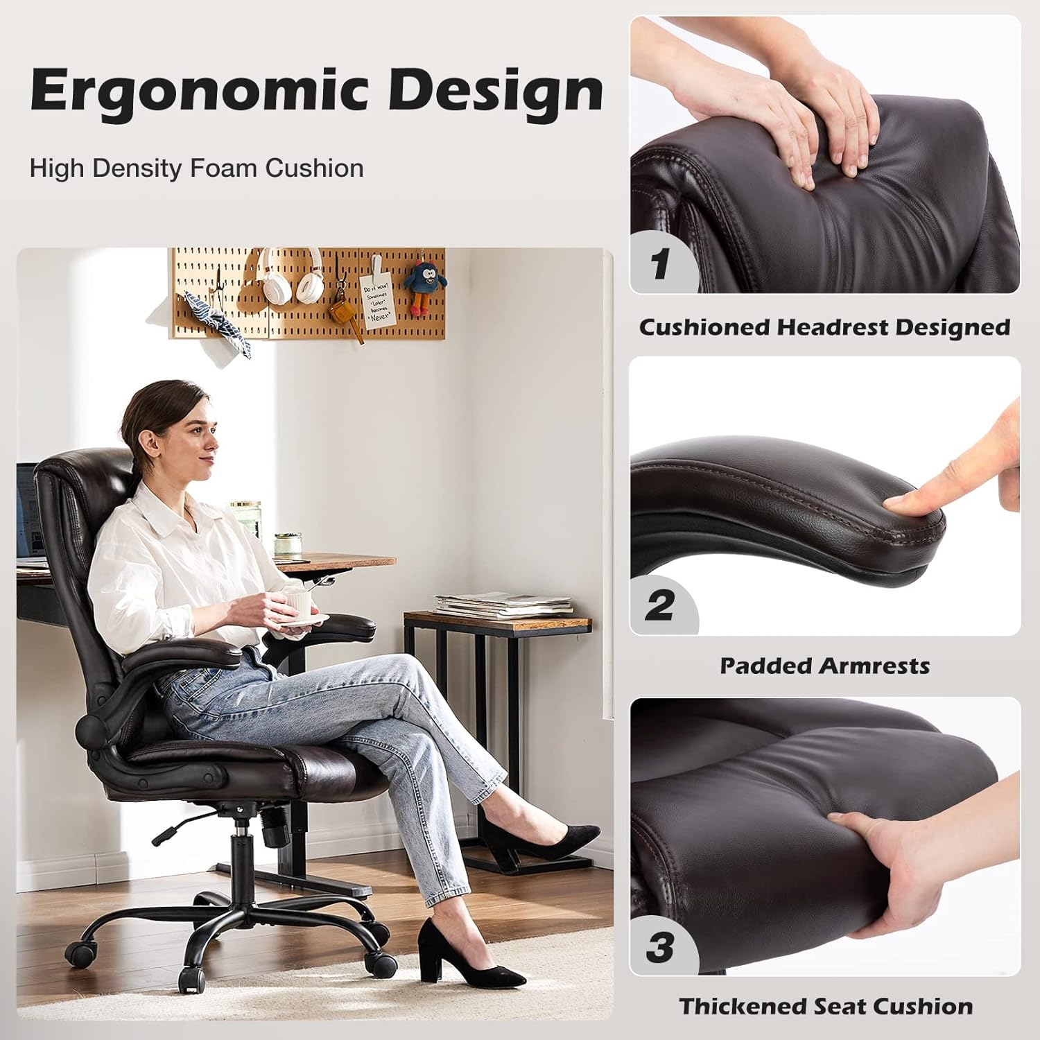 Office Chair - Ergonomic Executive Computer Desk Chairs with Adjustable Flip-Up Armrest, Swivel Task Chair with Lumbar Support, Strong Metal Base, PU Leather, Brown-3