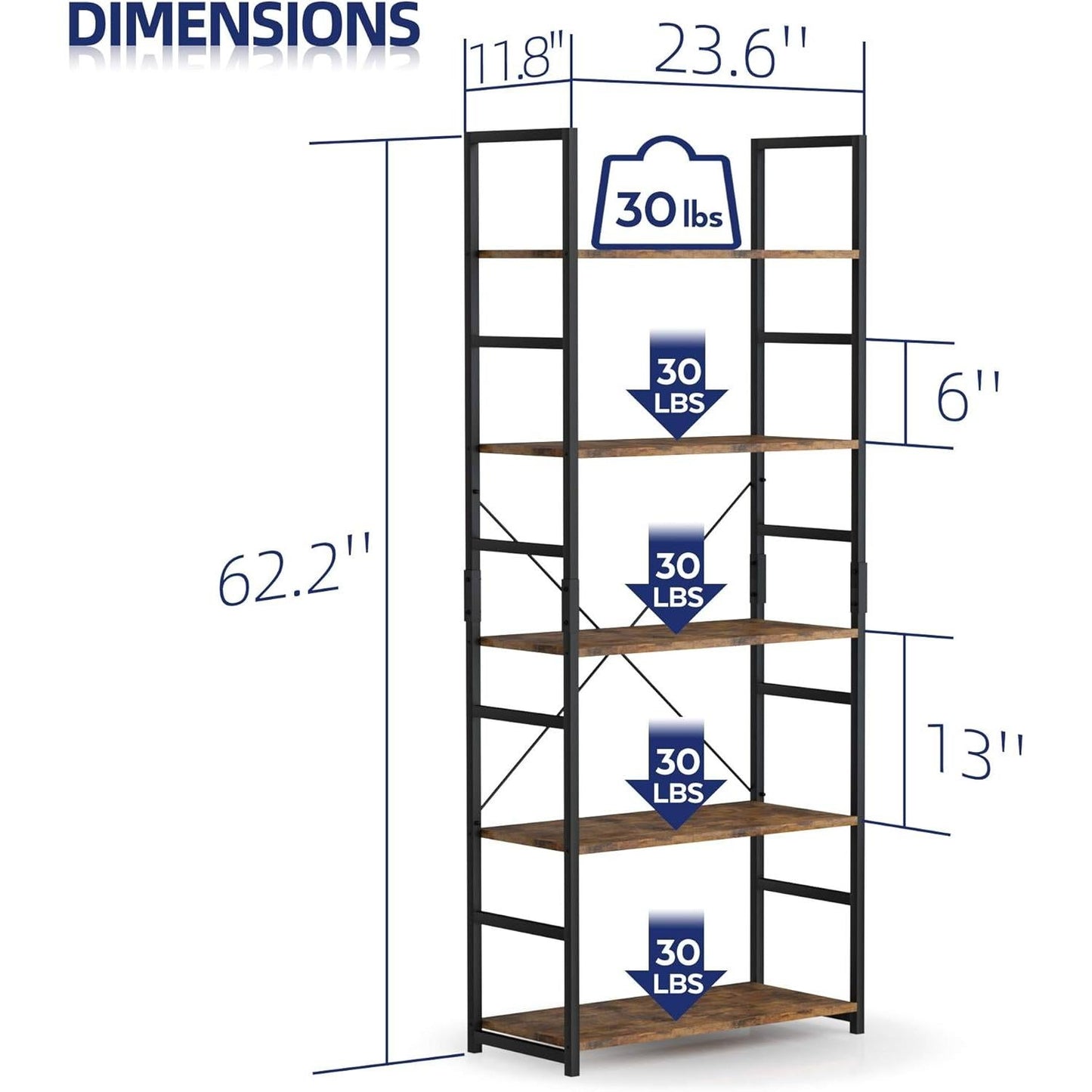 Tall 5 Shelf Bookcase Vintage Bookshelf Organizer-2