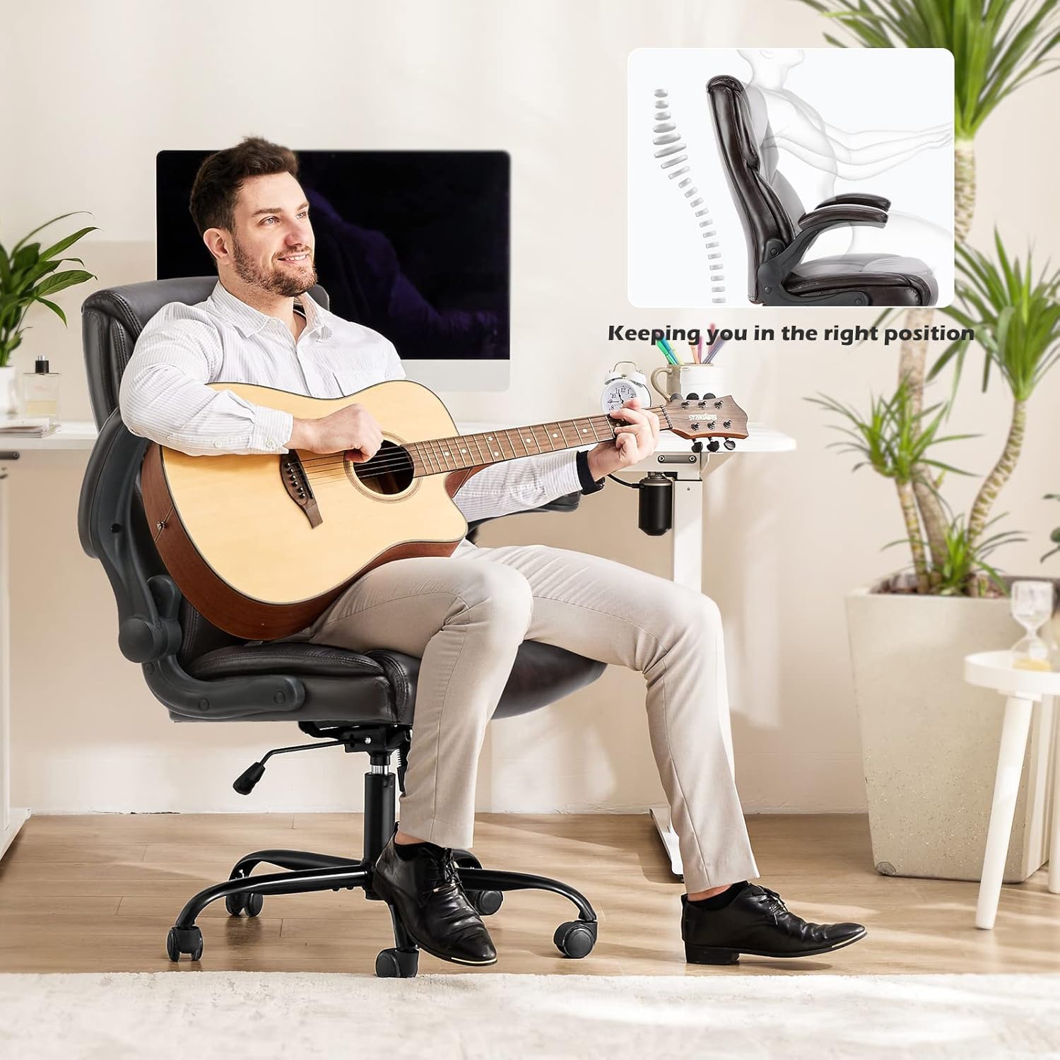 Office Chair - Ergonomic Executive Computer Desk Chairs with Adjustable Flip-Up Armrest, Swivel Task Chair with Lumbar Support, Strong Metal Base, PU Leather, Brown-1