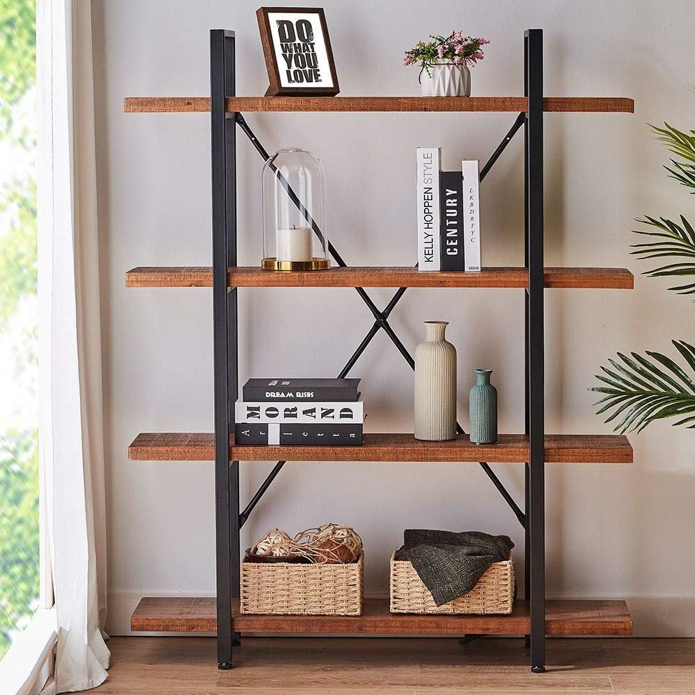 4 Tier Natural Wood Bookshelf: Rustic Industrial-0