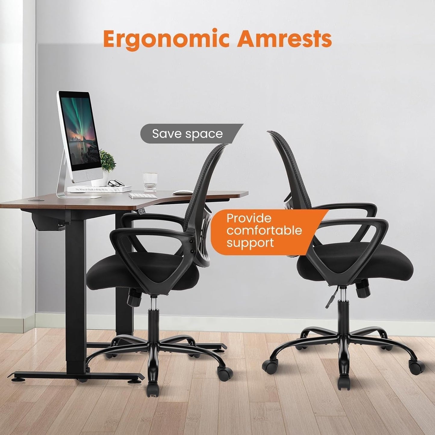 Office Computer Desk Managerial Executive Chair, Ergonomic Mid-Back Mesh Rolling Work Swivel Chairs with Wheels, Comfortable Lumbar Support, Comfy Arms for Home,Bedroom,Study,Student,Black-4