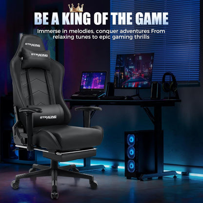 Gaming Chair with Footrest, Racing Style Computer Chair for Adult, Adjustable Reclining Backrest and Lumbar Support, Stylish High Back Chair for Gaming and Office (Black)-4