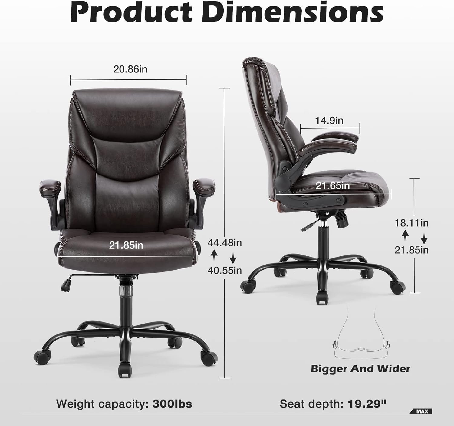 Office Chair - Ergonomic Executive Computer Desk Chairs with Adjustable Flip-Up Armrest, Swivel Task Chair with Lumbar Support, Strong Metal Base, PU Leather, Brown-2