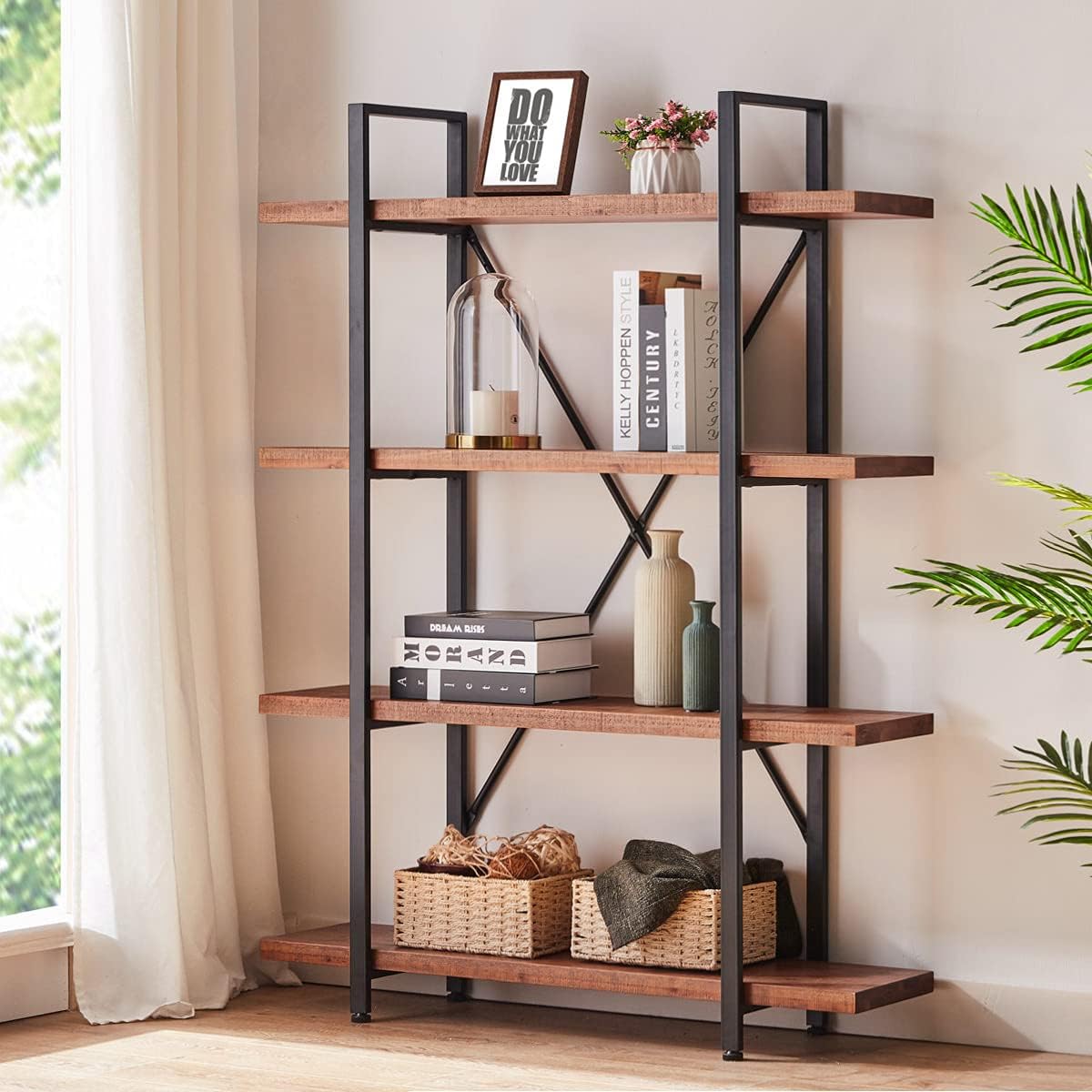 4 Tier Natural Wood Bookshelf: Rustic Industrial-1