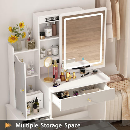 White Makeup Vanity Desk with Lighted Mirror and Drawers-2