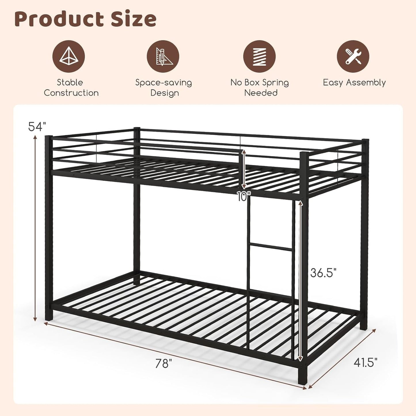 Metal Bunk Bed Twin over Twin, Classic Bunk Bed Frame with Safety Guard Rails & Side Ladder, Heavy Duty Space-Saving Design, Easy Assembly, Bunk Bed Frame for Kids (Black)-1