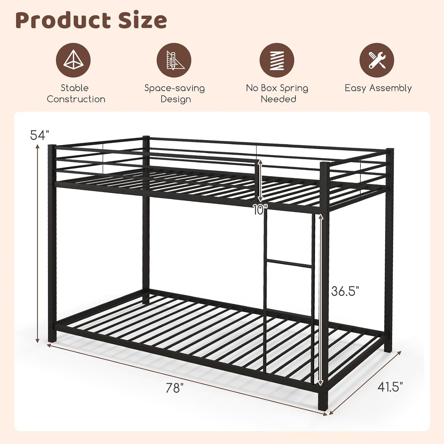 Metal Bunk Bed Twin over Twin, Classic Bunk Bed Frame with Safety Guard Rails & Side Ladder, Heavy Duty Space-Saving Design, Easy Assembly, Bunk Bed Frame for Kids (Black)-1