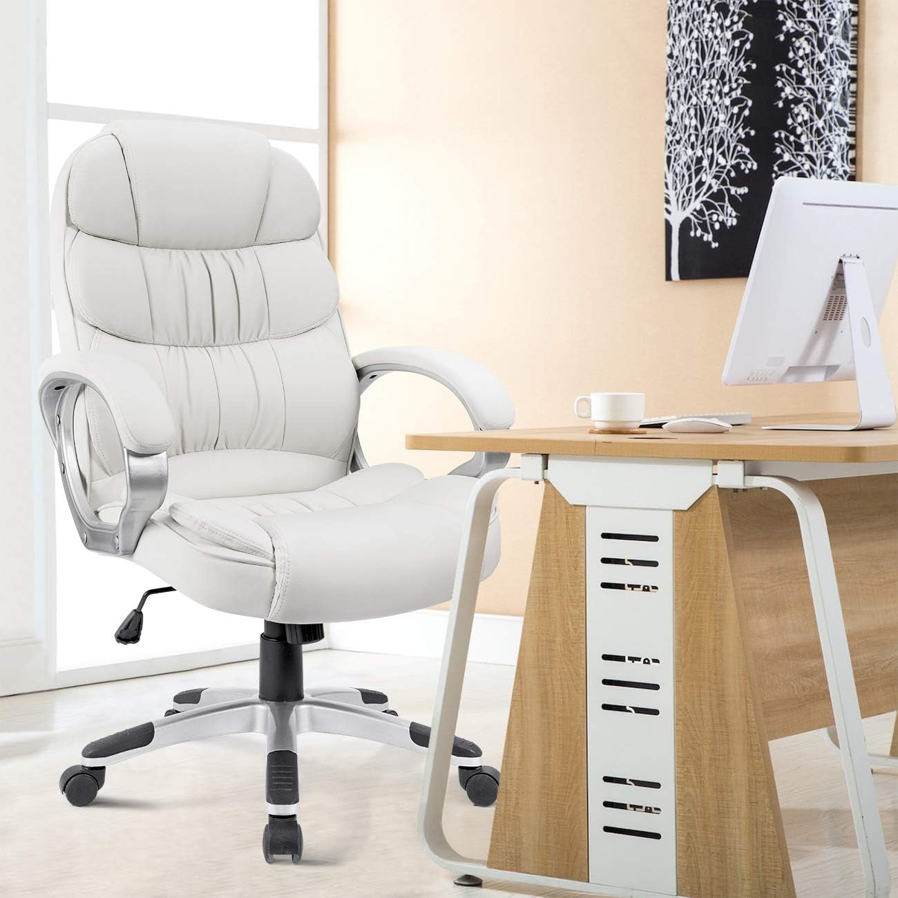 Office Chair High Back Computer Desk Chair, PU Leather Adjustable Height Modern Executive Swivel Task with Padded Armrests and Lumbar Support (White)-1