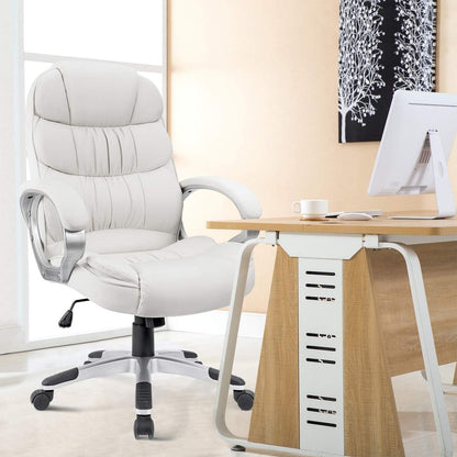 Office Chair High Back Computer Desk Chair, PU Leather Adjustable Height Modern Executive Swivel Task with Padded Armrests and Lumbar Support (White)-1
