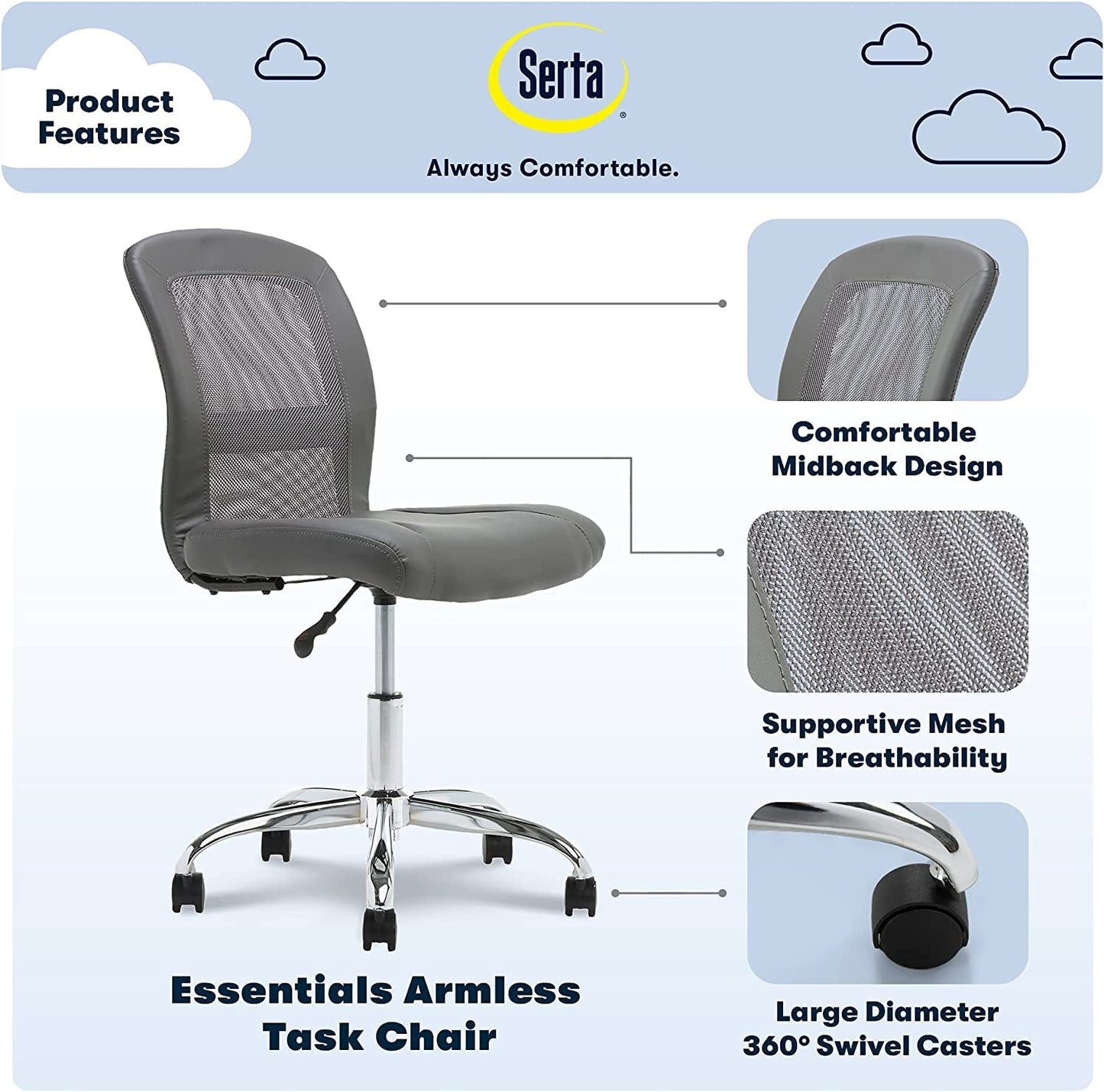 Essential Armless Deskchair, Small Task Chair with Wheels, Breathable Mesh Back, quality Foam Cushion Seat for Comfort, Functional, Lightweight and Versatile, Gray-3