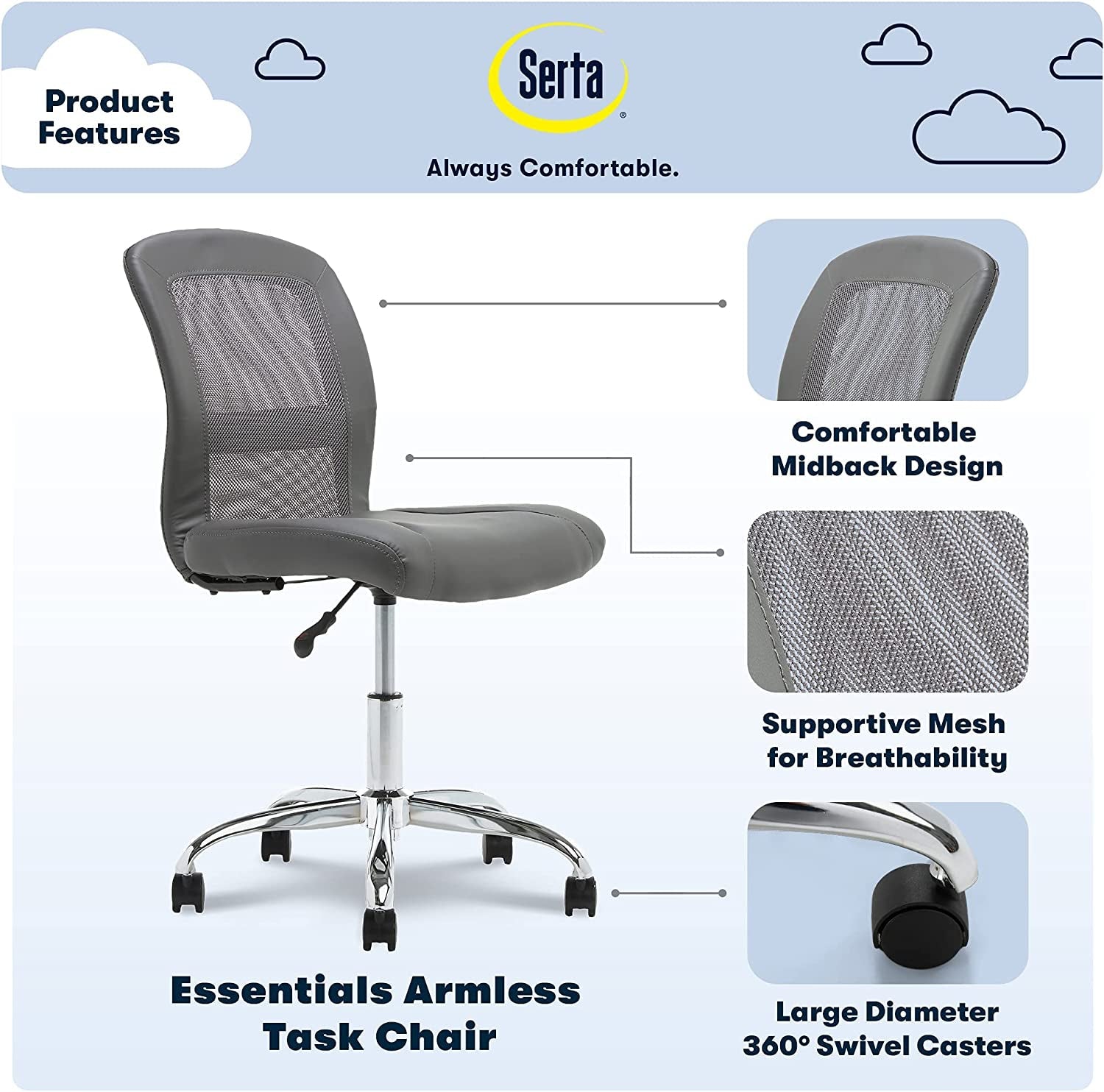 Essential Armless Deskchair, Small Task Chair with Wheels, Breathable Mesh Back, quality Foam Cushion Seat for Comfort, Functional, Lightweight and Versatile, Gray-3