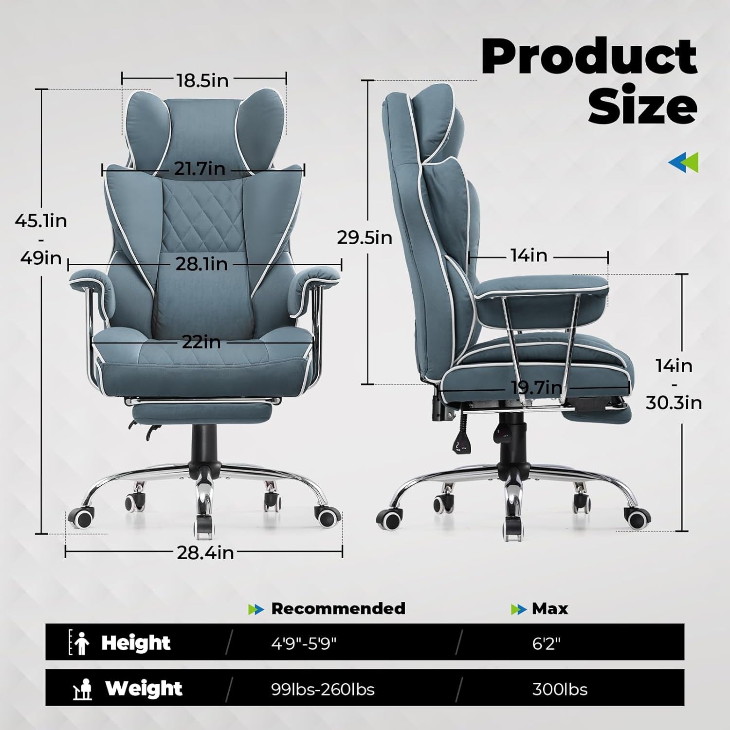 Big and Tall Gaming Chair with Pocket Spring Lumbar Support, Ergonomic Office Chair with Footrest, Executive Desk Chair with Outward Fixed Soft Armrests, Computer Chair with High Back, Blue-1