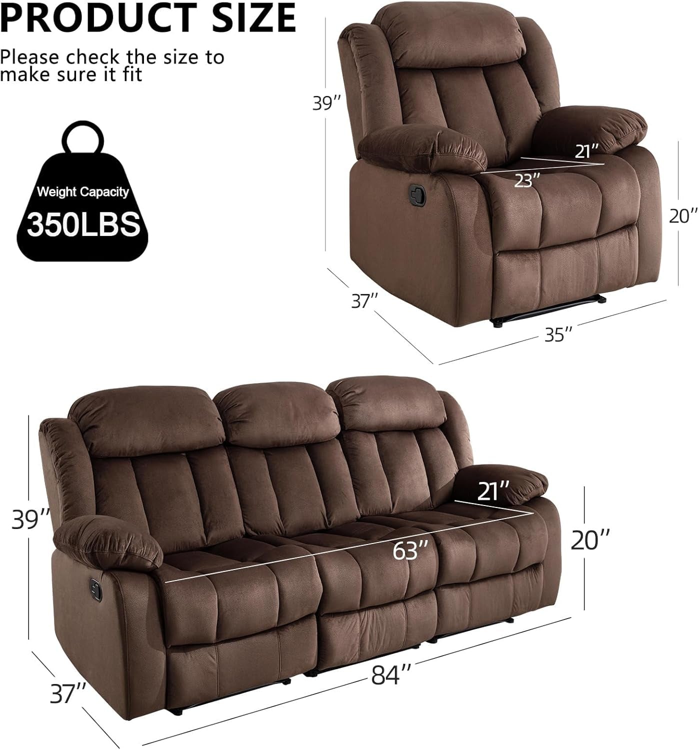 Manual Reclining Sofa Set, Classic Recliner Sofa with Overstuffed Arms and Backrest, Include 1 Recliner Chair and 1 3-Seat Reclining Sofa (Recliner+Sofa)-1