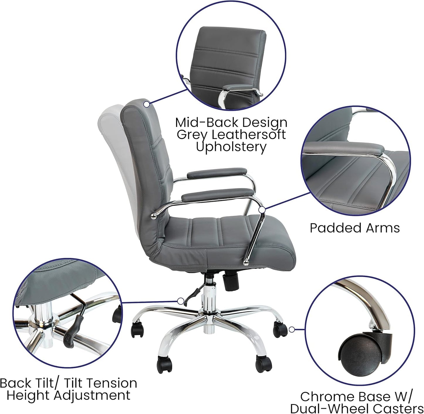 Gray LeatherSoft Office Chair, Swivel, Adjustable, Padded Arms-3