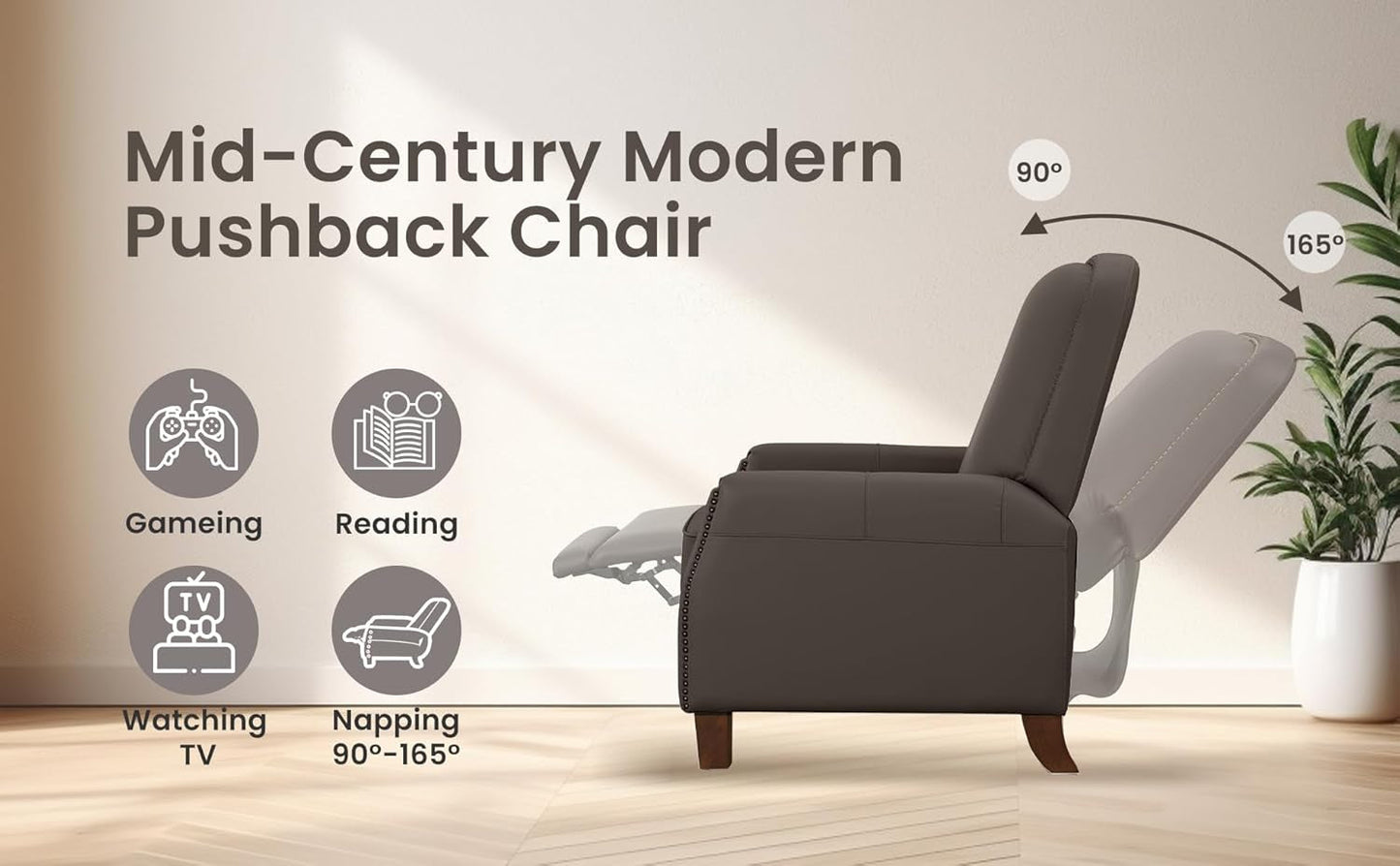 Recliner Chair, Mid-Century Modern Pushback Chair for Bedroom, Adjustable Single Upholstered Sofa with Brass Nailhead Trim, Faux Leather Recliners Armchair for Living Room, Saddle Brown-4