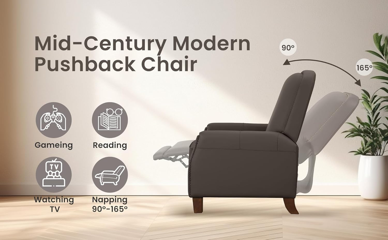 Recliner Chair, Mid-Century Modern Pushback Chair for Bedroom, Adjustable Single Upholstered Sofa with Brass Nailhead Trim, Faux Leather Recliners Armchair for Living Room, Saddle Brown-4