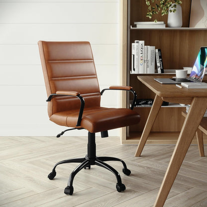 Whitney Mid-Back Swivel Leather Desk Chair with Padded Seat and Armrests, Adjustable Height Padded Leather Office Chair, Brown/Black-1