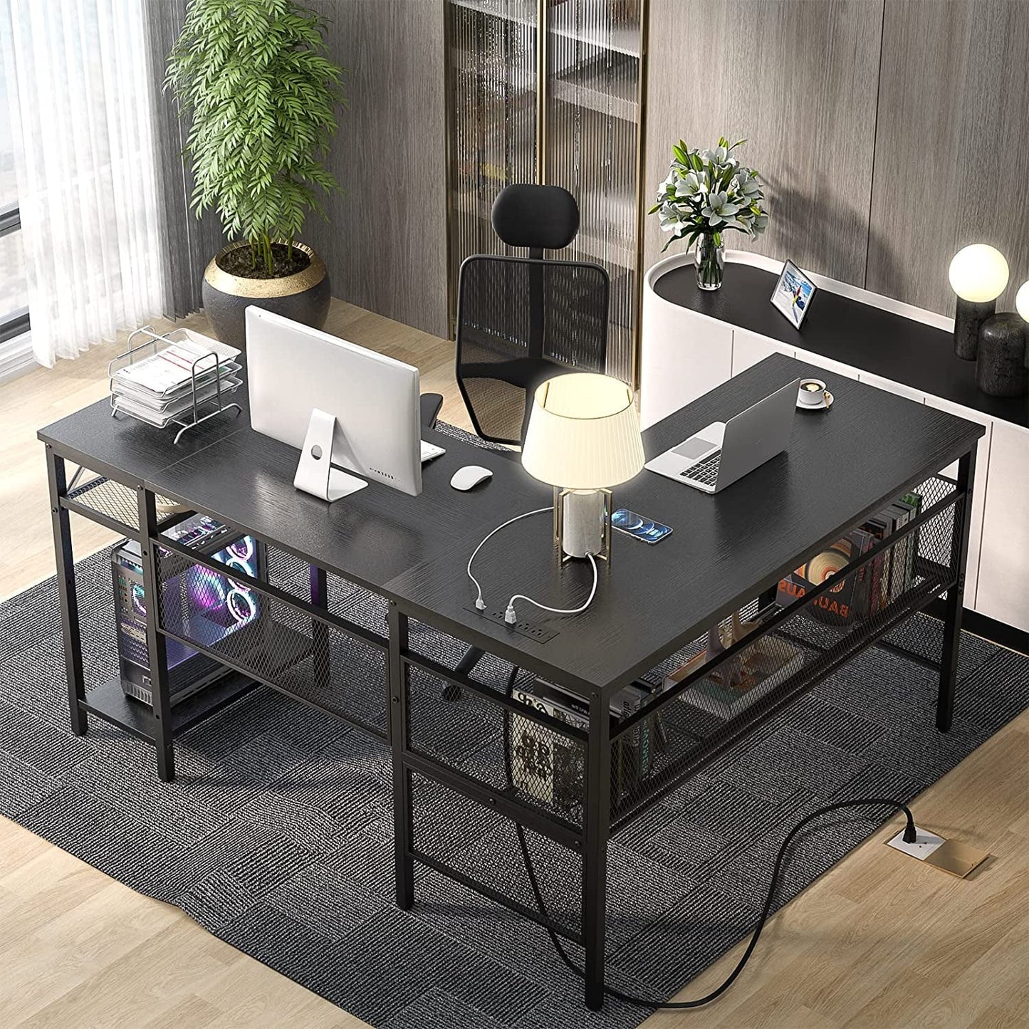 L-Shaped Desk with USB and Power Outlet, Black-4