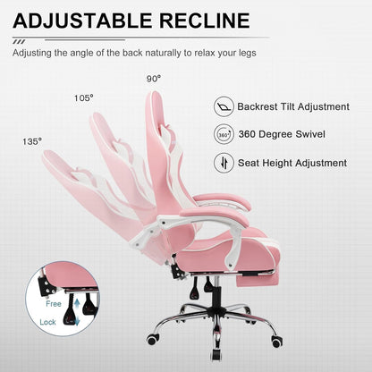 Gaming Chair, Computer Chair with Footrest and Lumbar Support, Height Adjustable Game Chair with 360°-Swivel Seat and Headrest and for Office or Gaming (Faux Leather, Pink)-3