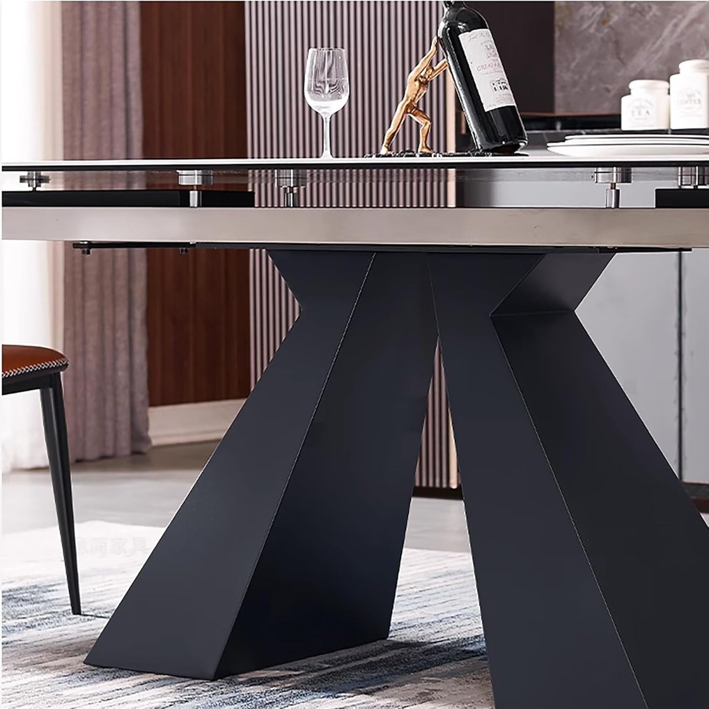Extendable Dining Table for 8-12 Seat, Flexible Stretch, Tabletop Made from Rock Plate and Tempered Glass, Solid Carbon Steel Base, 35.4" D X 94.5" W X 30" H, White Top-4