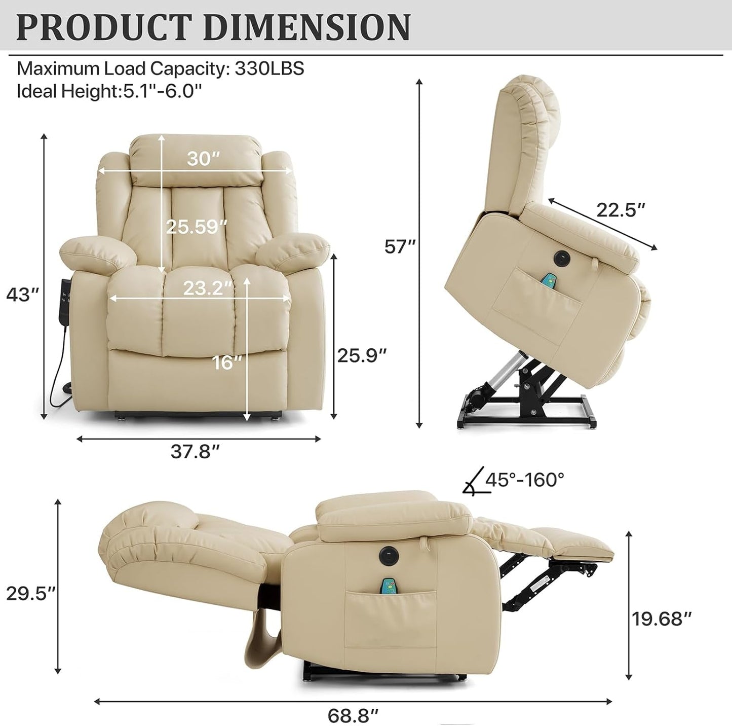 Dual Motor Large Power Lift Recliner Chair Recliners for Elderly, Infinite Position Recliner Chair with Heat and Massage, Breathable Leather(Beige)-1